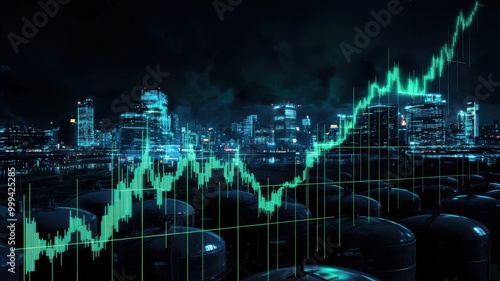 .Oil tanks with financial graphs over a futuristic city at night.