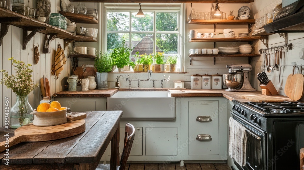 A charming country-style kitchen with a farmhouse sink A charming country-style kitchen with a farmhouse sink