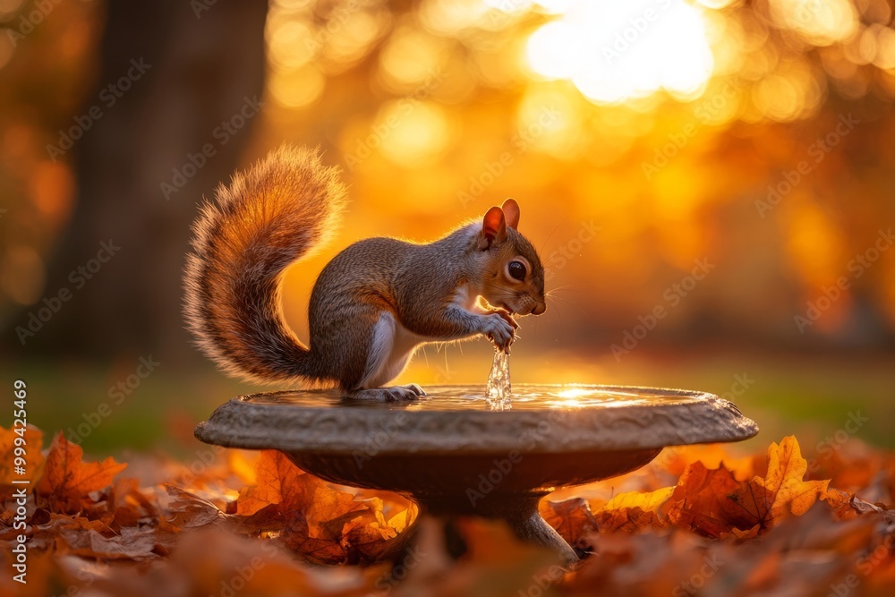 A cute squirrel takes a refreshing drink at a birdbath surrounded by vibrant autumn leaves. The golden hour light creates a stunning scene. Generative AI A cute squirrel takes a refreshing drink at a birdbath surrounded by vibrant autumn leaves. The golden hour light creates a stunning scene. Generative AI