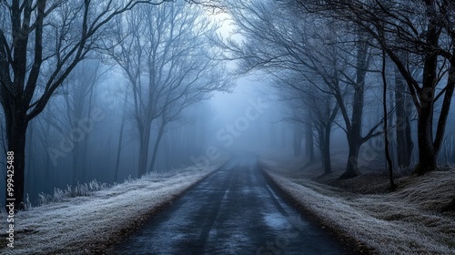 A narrow road cutting through a foggy winter forest, with bare trees on either side, their branches dusted in frost, creating an eerie yet peaceful atmosphere