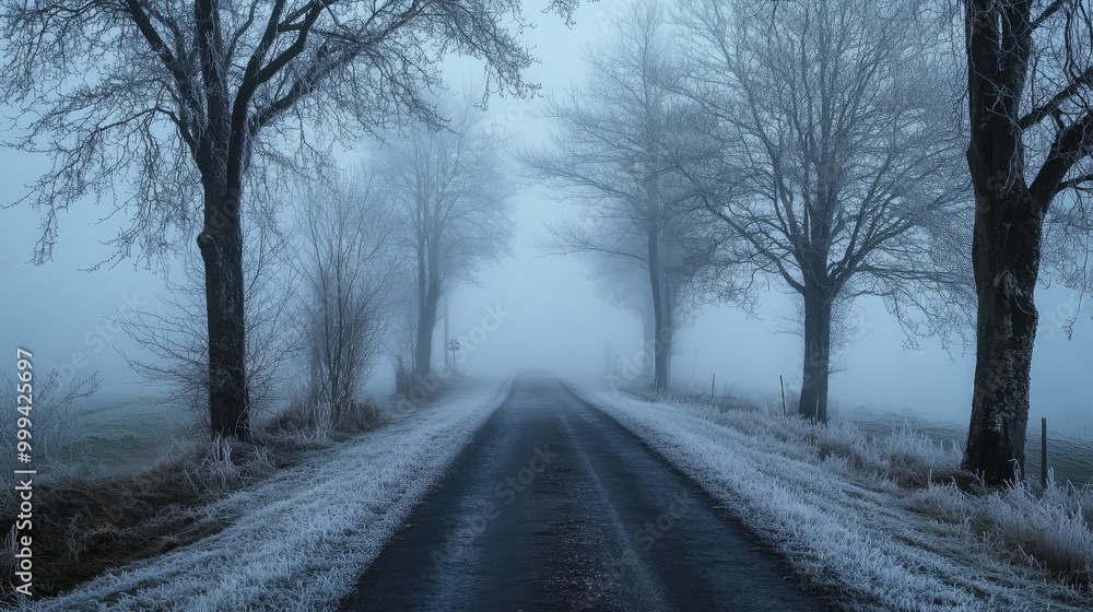 A narrow road cutting through a foggy winter forest, with bare trees on either side, their branches dusted in frost, creating an eerie yet peaceful atmosphere A narrow road cutting through a foggy winter forest, with bare trees on either side, their branches dusted in frost, creating an eerie yet peaceful atmosphere