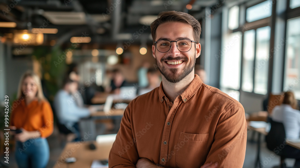 A smiling leader stands out while his team works diligently in the background. A smiling leader stands out while his team works diligently in the background.