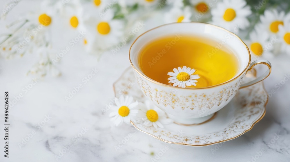 A comforting cup of chamomile herbal tea rests in a vintage cup, encircled by fresh daisies and soft white blossoms, perfect for relaxation A comforting cup of chamomile herbal tea rests in a vintage cup, encircled by fresh daisies and soft white blossoms, perfect for relaxation