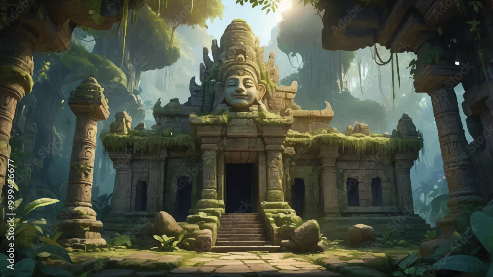 Obraz premium Whimsical Cartoon Ancient Temple Surrounded by Lush Jungle and Mythical Statue