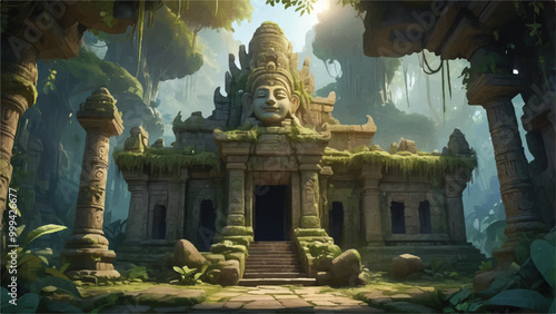 Whimsical Cartoon Ancient Temple Surrounded by Lush Jungle and Mythical Statue