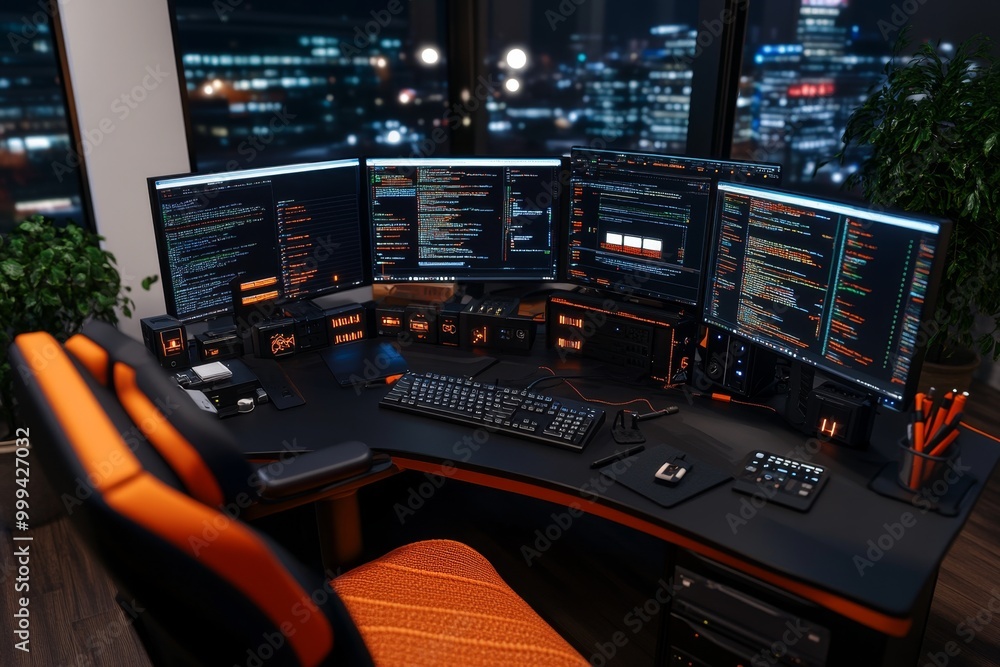 Interactive 3D model of a hacker’s workstation, showing multiple screens with hacking software, encrypted USB drives, and command-line tools in a fully immersive space Interactive 3D model of a hacker’s workstation, showing multiple screens with hacking software, encrypted USB drives, and command-line tools in a fully immersive space