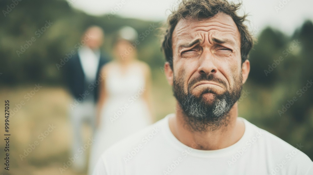 A close-up of a distressed man with a pained expression, while a blurred wedding couple stands in the background outdoors.
A close-up of a distressed man with a pained expression, while a blurred wedding couple stands in the background outdoors.