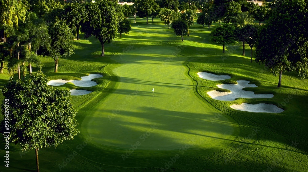 Fototapeta premium Aerial view of a beautifully manicured golf course with sand traps and lush greenery.