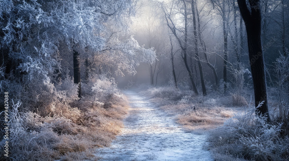 A path through a winter forest, framed by frosted branches, with patches of snow glowing softly in the early morning light, creating a tranquil, untouched scene A path through a winter forest, framed by frosted branches, with patches of snow glowing softly in the early morning light, creating a tranquil, untouched scene