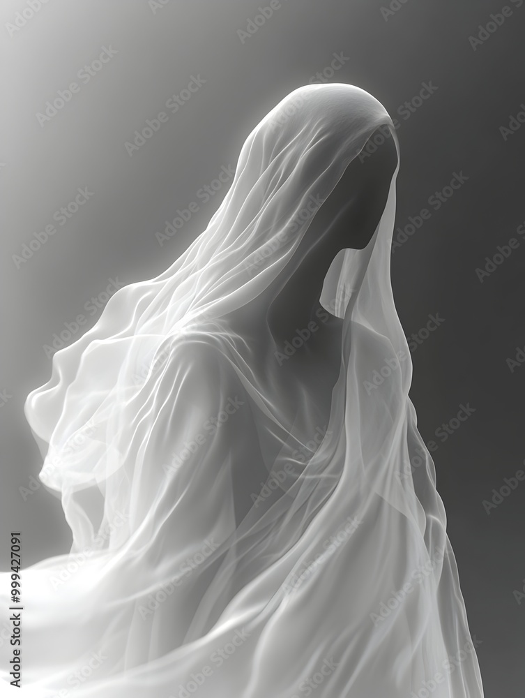 Ghostly Apparition Emerges from Luminescent Portal on Pristine White Stage Ghostly Apparition Emerges from Luminescent Portal on Pristine White Stage