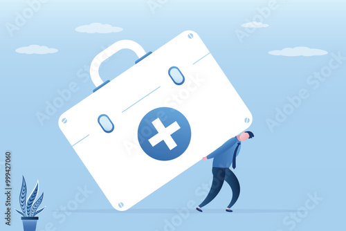 Health care costs or pricey medical insurance, concept. Unhappy businessman carrying big medical box with expensive medication, costly medical assurance for society.