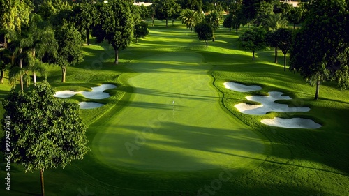 Aerial view of a beautifully manicured golf course with sand traps and lush greenery.