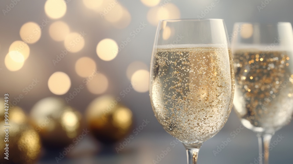 Two glasses of bubbly champagne sparkle with golden ornaments, perfectly capturing the essence of a festive celebration Two glasses of bubbly champagne sparkle with golden ornaments, perfectly capturing the essence of a festive celebration