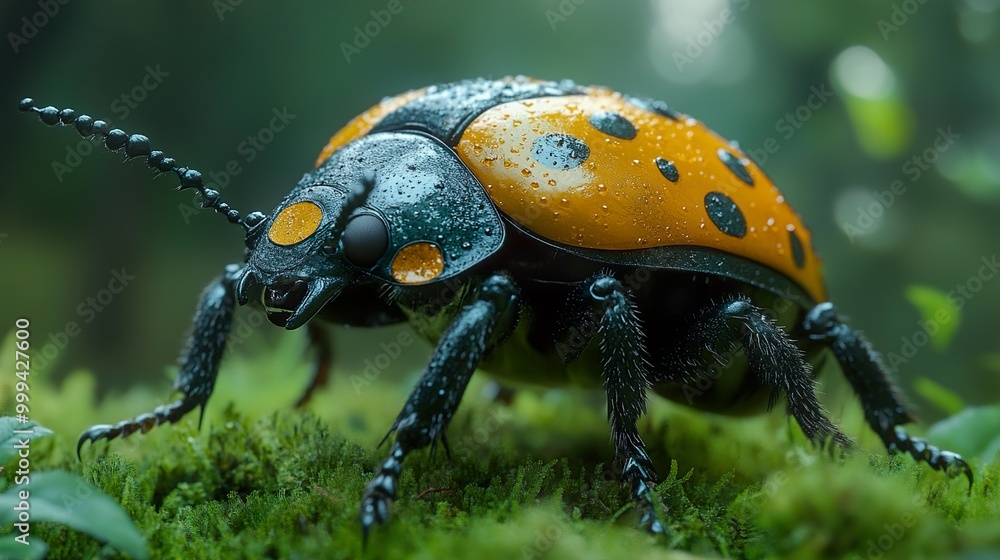 Close Up of a Yellow and Black Beetle with Water Drops Close Up of a Yellow and Black Beetle with Water Drops