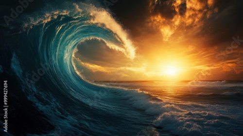 A stunning view of a massive ocean wave illuminated by a vibrant sunset, capturing the beauty of nature's elements.