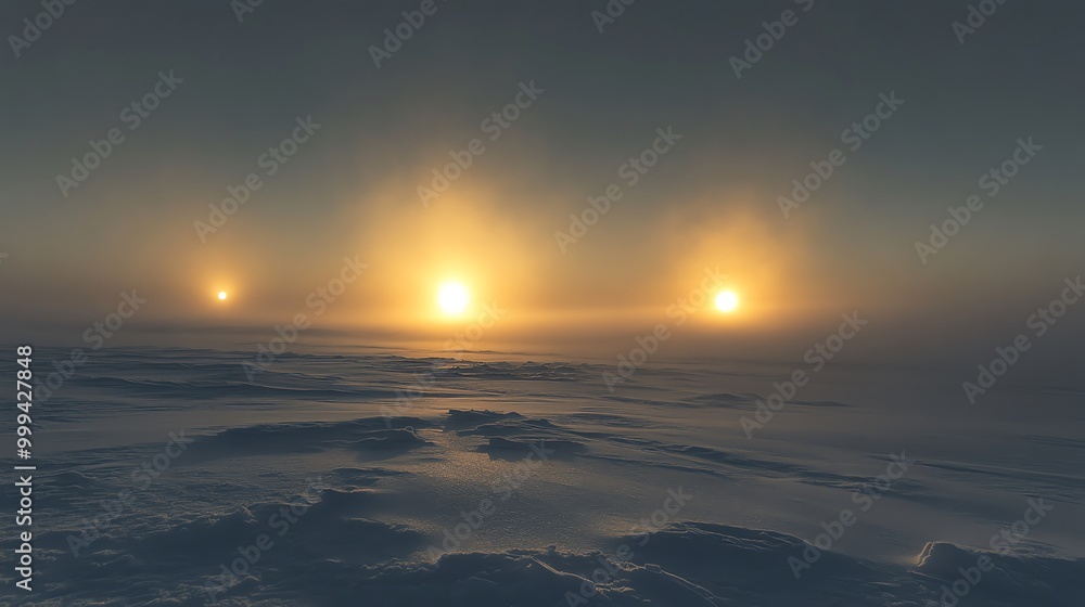 Two suns rise over a vast snow covered plain, creating a surreal scene. Two suns rise over a vast snow covered plain, creating a surreal scene.