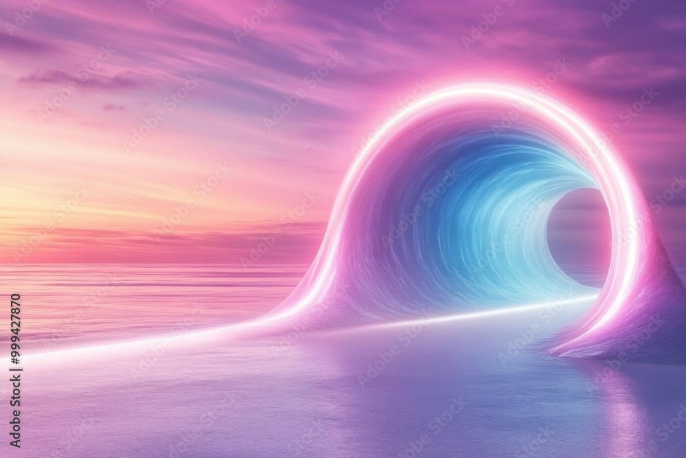 A surreal wave tunnel glowing in vibrant colors, inviting exploration against a tranquil seascape at sunset. A surreal wave tunnel glowing in vibrant colors, inviting exploration against a tranquil seascape at sunset.