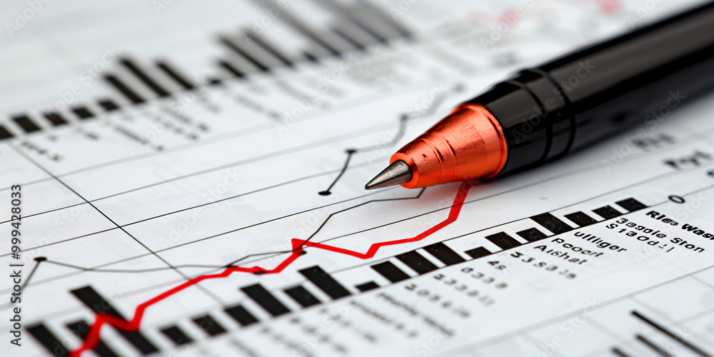 Pen is pointing at a growing arrow on a financial chart Pen is pointing at a growing arrow on a financial chart