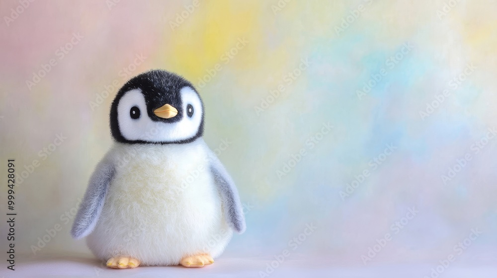 Obraz premium Adorable Tiny Penguin Plush Sitting on Soft Pastel Background
