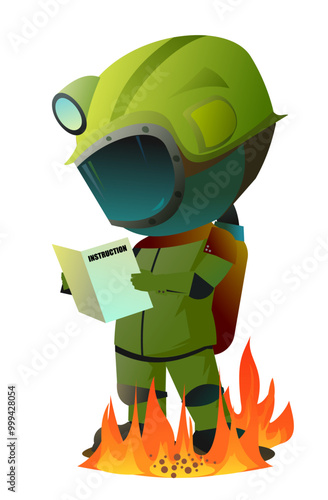 fireman reads instructions at wrong time. Extreme dangerous situation. Lifeguard service. Object isolated on white background. Cartoon fun style Illustration vector