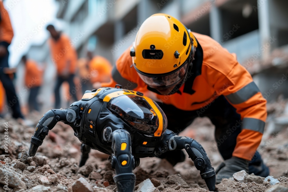 Multi-legged search-and-rescue robot climbing through rubble, navigating a disaster zone, helping locate survivors in an emergency situation