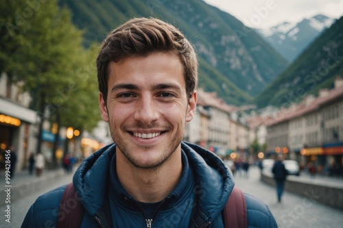 Close portrait of a smiling young Andorran man looking at the camera, Andorran outdoors blurred background