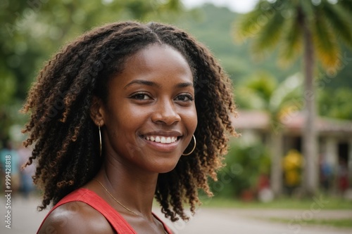Close portrait of a smiling young Antiguan and Barbudan woman looking at the camera, Antiguan and Barbudan outdoors blurred background