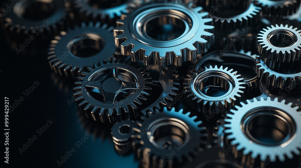 Group of metallic cogwheels forming a teamwork concept with blue reflections Group of metallic cogwheels forming a teamwork concept with blue reflections
