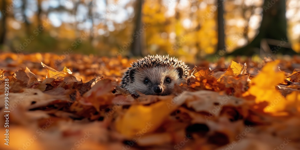 A hedgehog burrowing into a large pile of fallen leaves in a woodland clearing, surrounded by trees with vibrant autumn foliage A hedgehog burrowing into a large pile of fallen leaves in a woodland clearing, surrounded by trees with vibrant autumn foliage