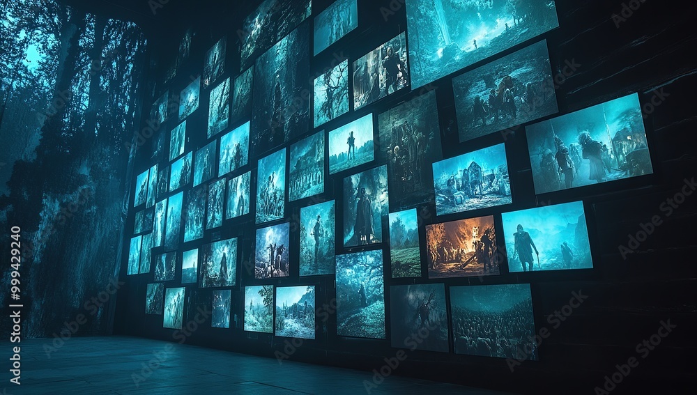 A wall of screens showing various scenes from different television shows A wall of screens showing various scenes from different television shows