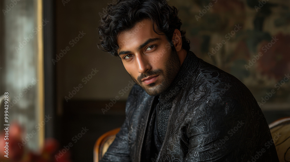 Handsome Man in Black Embroidered Suit Handsome Man in Black Embroidered Suit