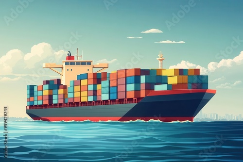 A vibrant cargo ship sailing through calm waters, loaded with colorful containers against a beautiful sky.