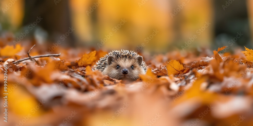 A hedgehog nestled beneath a pile of leaves and branches in a woodland in autumn A hedgehog nestled beneath a pile of leaves and branches in a woodland in autumn