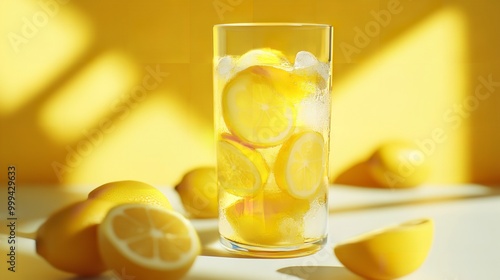 Detox Drink with Lemons on Light Yellow Background photo