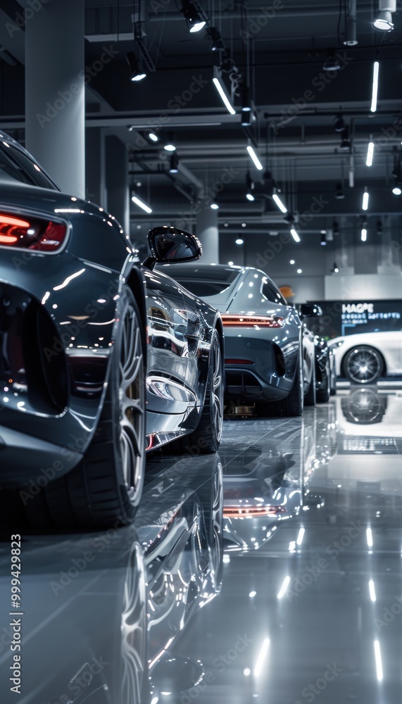 Obraz premium Luxury Sports Cars in Modern Showroom with Subtle Black Friday Sale Signage for Exclusive Discounts