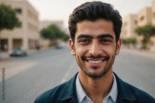 Close portrait of a smiling young Bahraini man looking at the camera, Bahraini outdoors blurred background