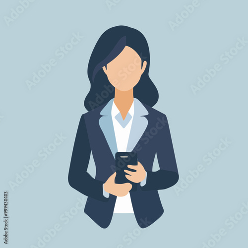 Illustration of a businesswoman in corporate attire holding a device, representing leadership and professional success in the business world.