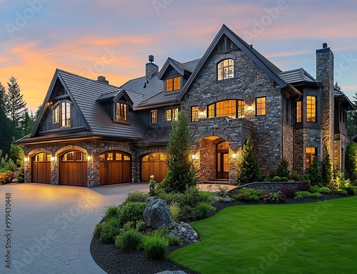 a photo of large two story luxury home with stone and wood details photo