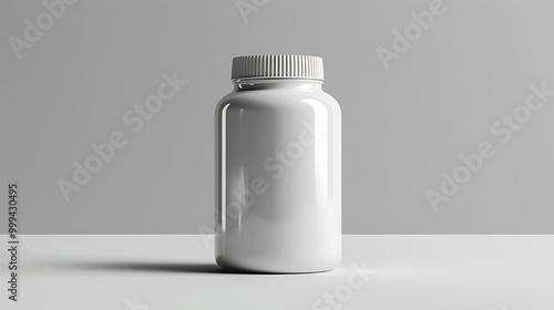 A white plastic bottle with a white lid sits on a white surface against a gray background.