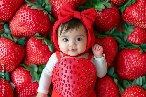 A cute baby dressed as a strawberry, surrounded by vibrant strawberries, lying on a red fruit background.