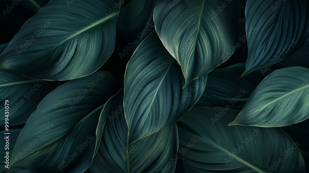 Dark green leaves overlapping in a lush natural arrangement during early morning hours Dark green leaves overlapping in a lush natural arrangement during early morning hours