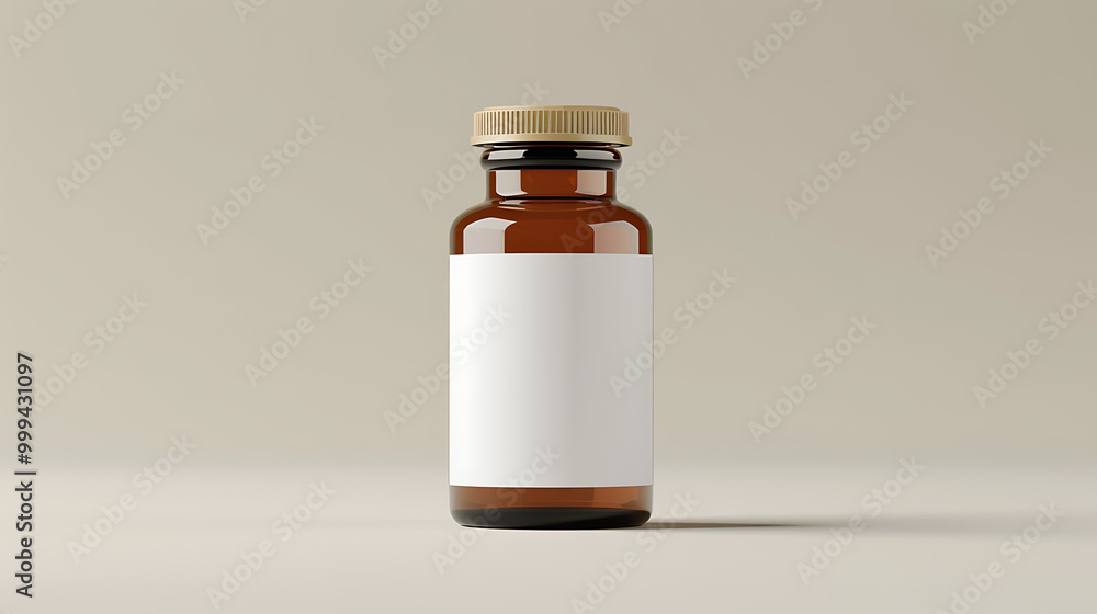 A brown glass bottle with a gold lid and a white label. The bottle is sitting on a plain white background. A brown glass bottle with a gold lid and a white label. The bottle is sitting on a plain white background.