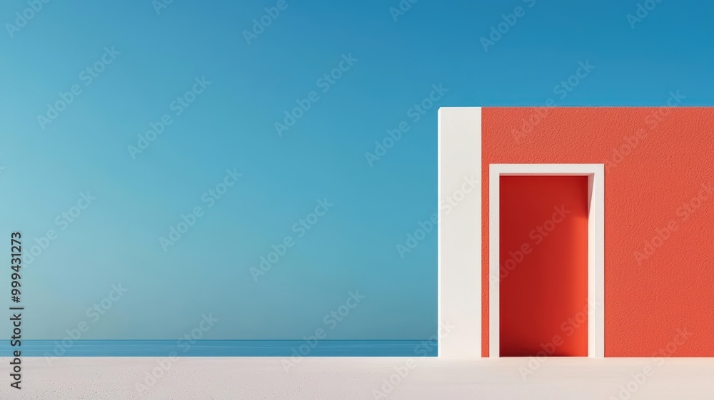 Modern architectural design featuring a vibrant red door against a serene blue sky, creating a striking aesthetic. Modern architectural design featuring a vibrant red door against a serene blue sky, creating a striking aesthetic.