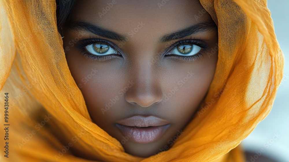 Close-up portrait of a woman with striking eyes and an orange scarf. Close-up portrait of a woman with striking eyes and an orange scarf.