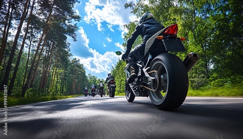 A dynamic motorcycle ride through a scenic forest road, showcasing the thrill and freedom of biking in nature.
