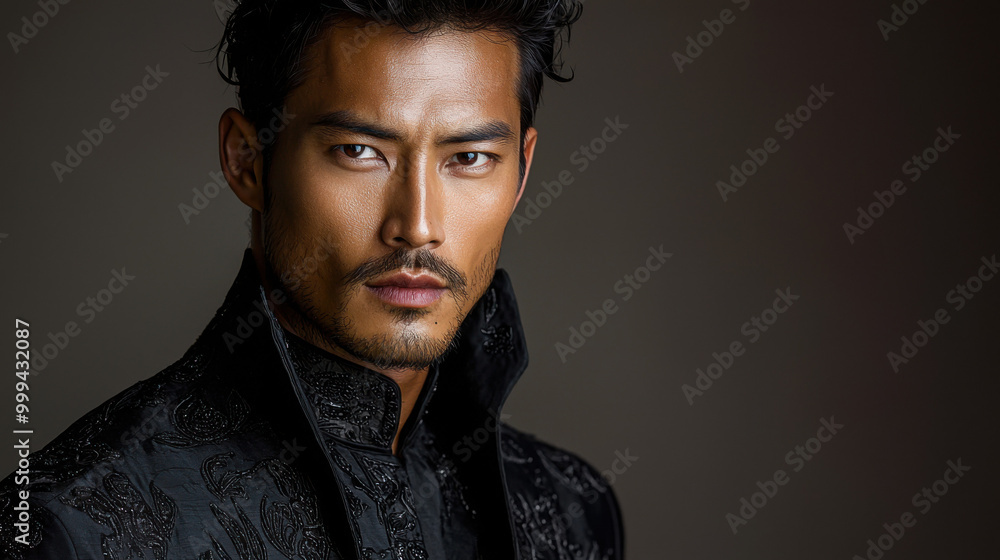 Handsome Asian Man in Black Embroidered Jacket Handsome Asian Man in Black Embroidered Jacket