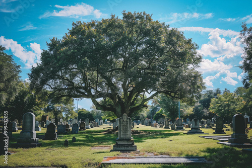 A fantastically mysterious cemetery with tombstones and scary atmosphere