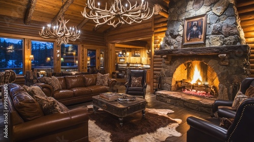 A cozy cabin-inspired living room with a stone fireplace