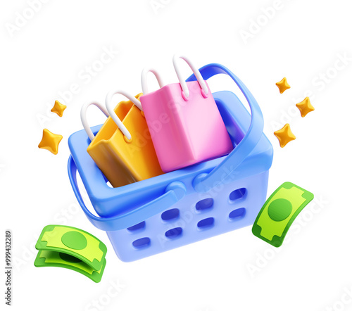 Shopping Basket with shopping and money 3d illustration background photo