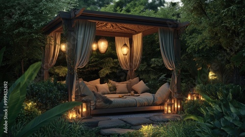 A cozy garden gazebo with cushioned seating